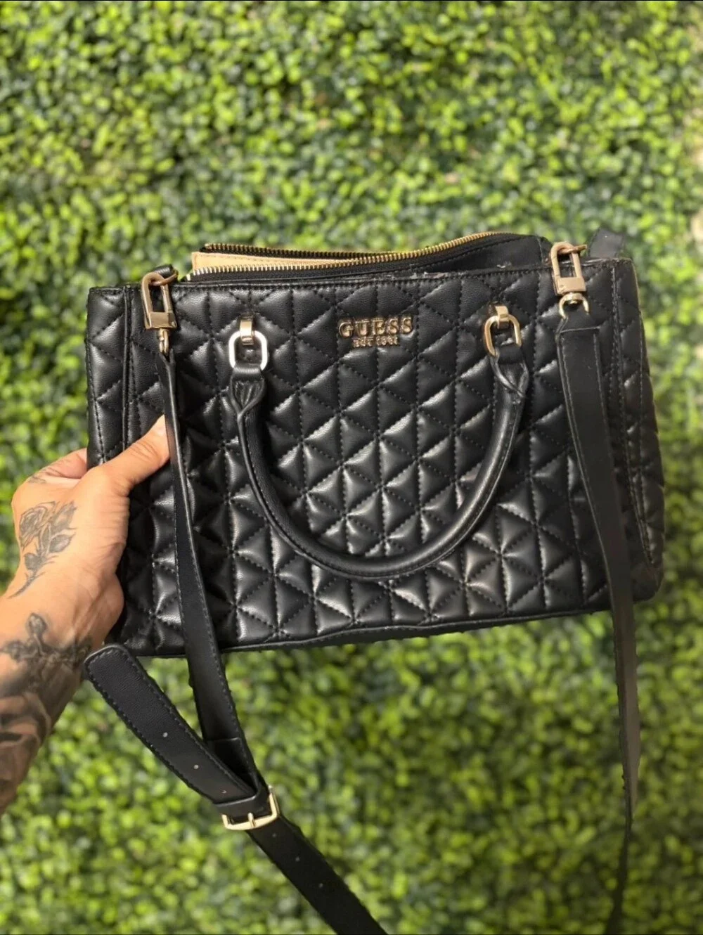 GUESS Quilted Black Satchel Handbag Crossbody Purse